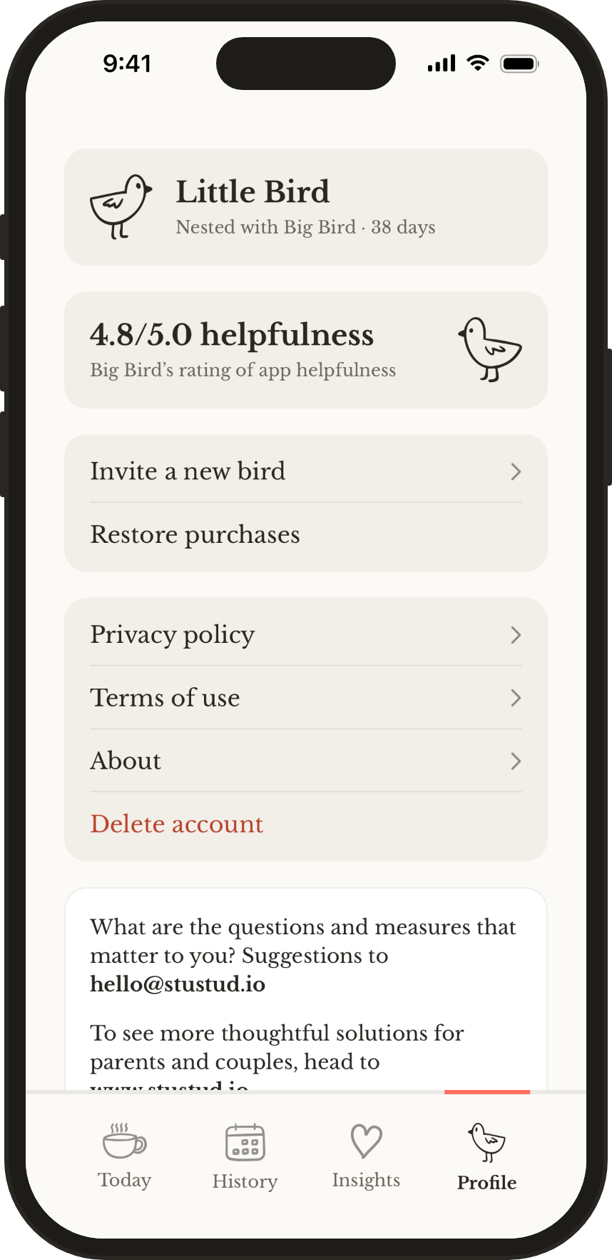 Profile: Little Bird, nested with Big Bird for 38 days, and Big Bird’s 4.8 out of 5 rating of the app’s helpfulness.