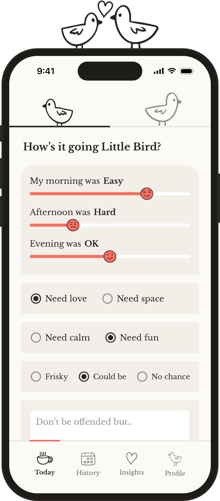 Little Bird and Big Bird, a heart between them, perched on an iPhone showing the Today card: sliders for the morning, afternoon and evening, two needs and a note.