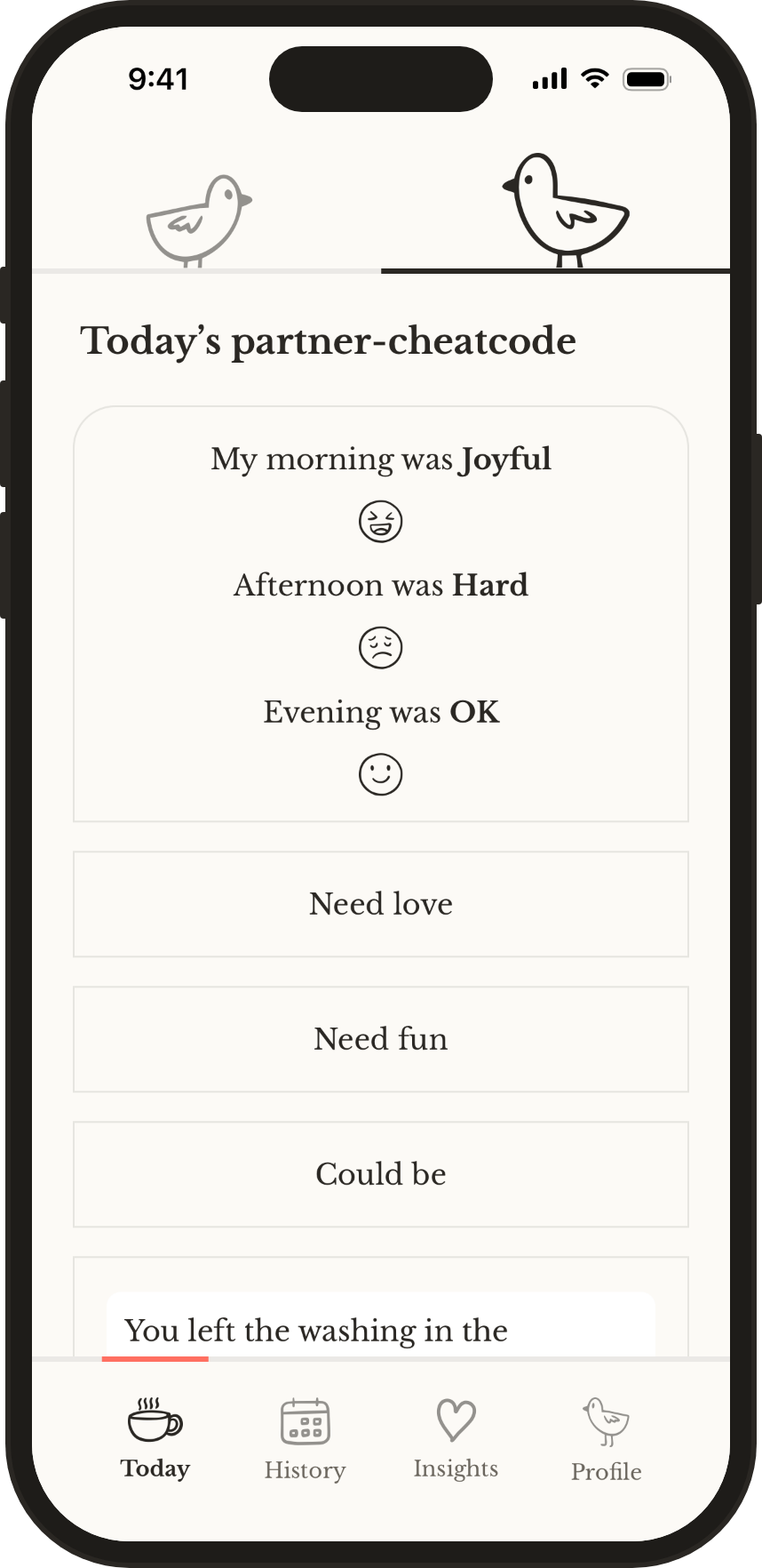 Today’s partner-cheatcode: your partner’s morning, afternoon and evening, their needs and their note.